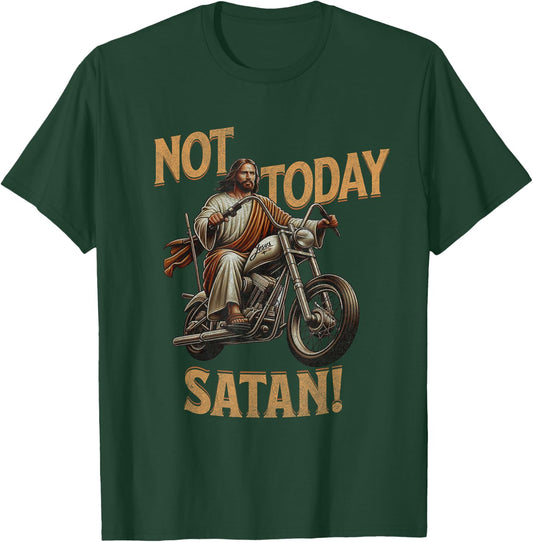 Retro Not Today Satan Jesus Riding A Chopper Motorcycle T-Shirt - T-Shirt | Forest