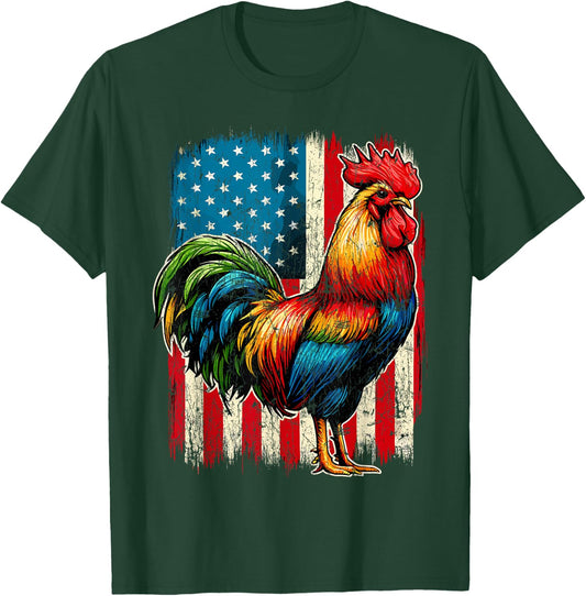Patriotic Rooster USA Flag Chicken Farmer T-Shirt - T-Shirt | Forest