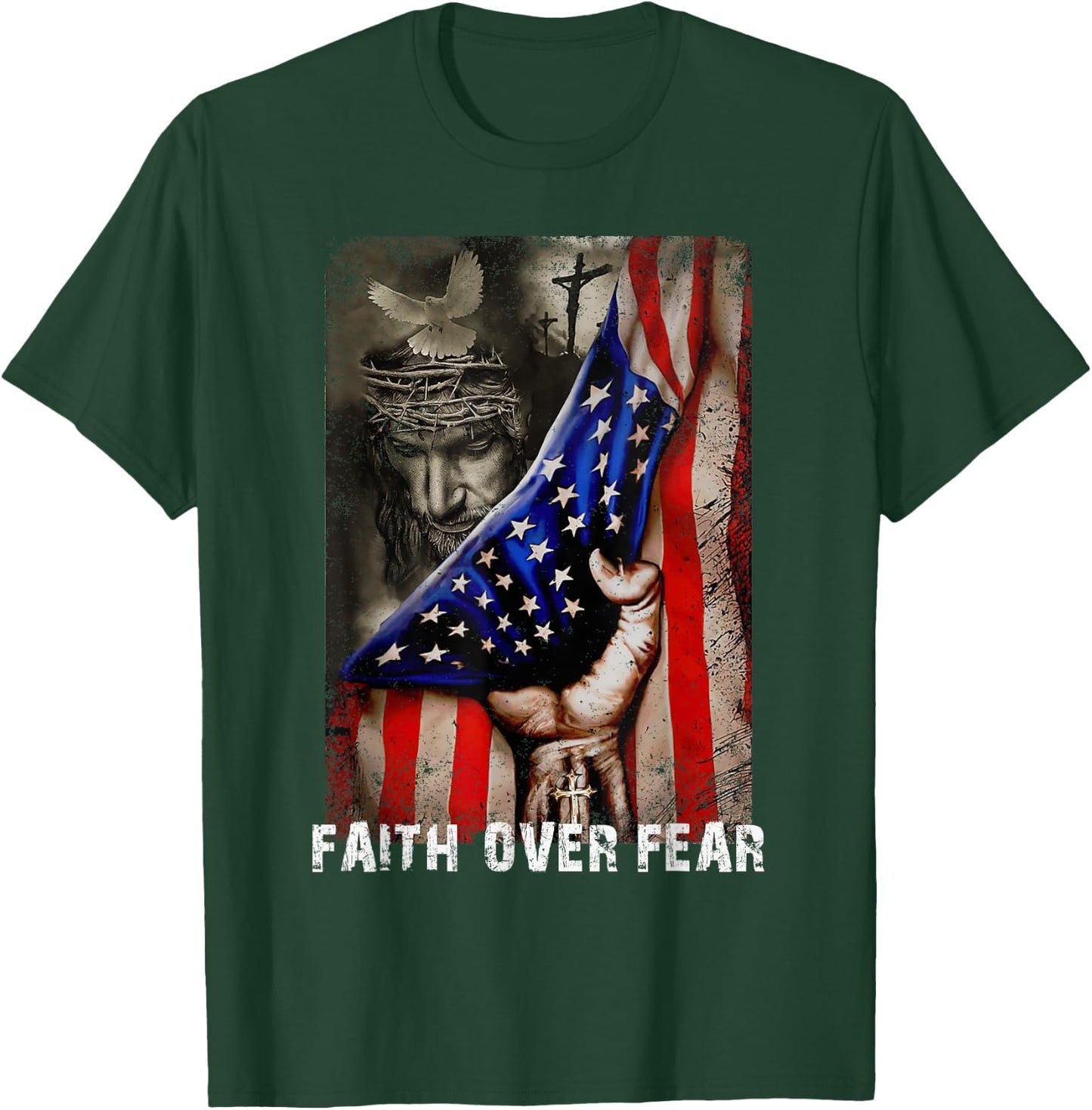 Vintage Faith Over Fear God Jesus Christian Flag 4th Of July Kids Men T-Shirt - T-Shirt | Forest