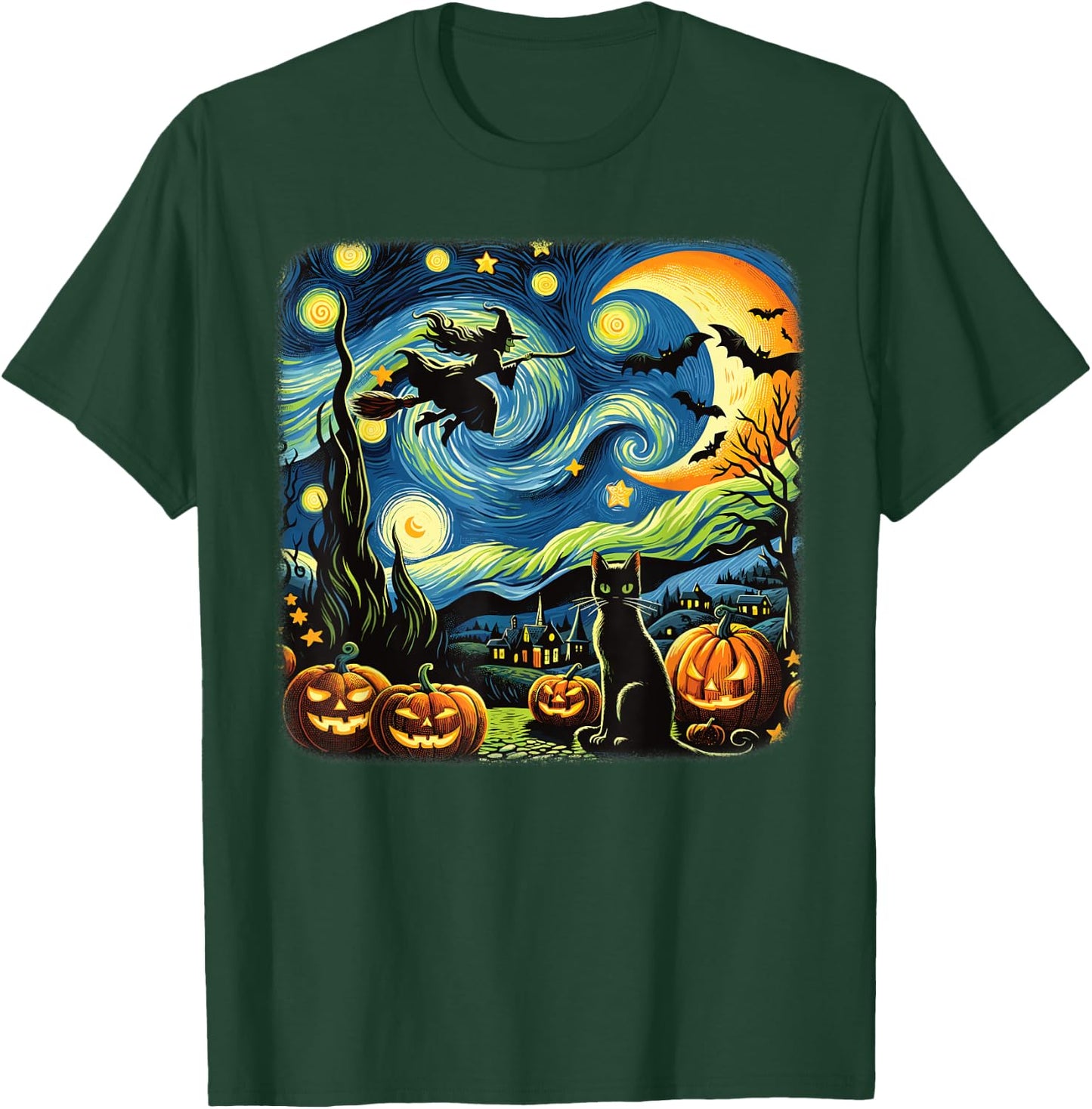 Halloween Witch Van Gogh Starry Night Black Cat Pumpkin Bats T-Shirt - T-Shirt | Forest