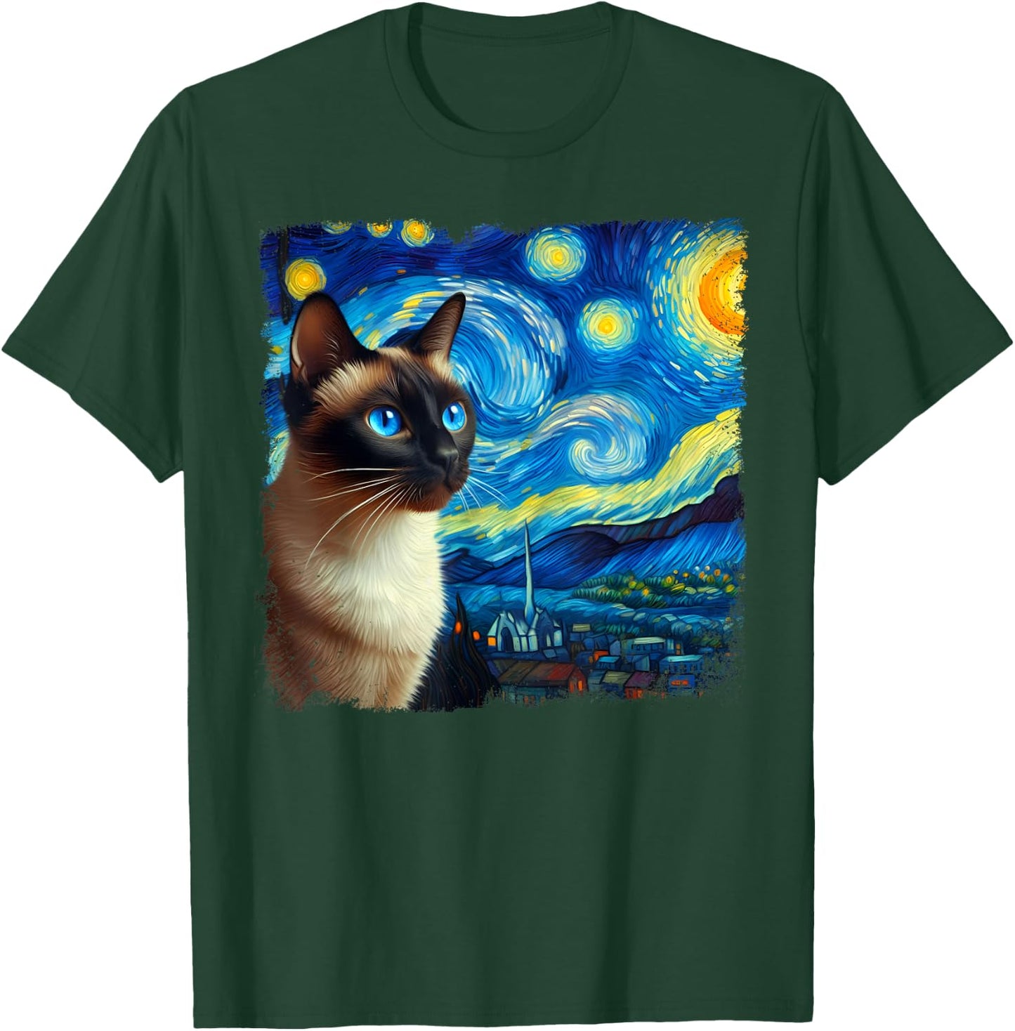 Funny Cute Siamese Cat Starry Night Van Gogh Painting T-Shirt - T-Shirt | Forest