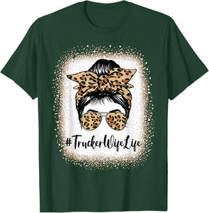 Trucker Wife Life Bleached Leopard Messy Bun Mother's day T-Shirt - T-Shirt | Forest