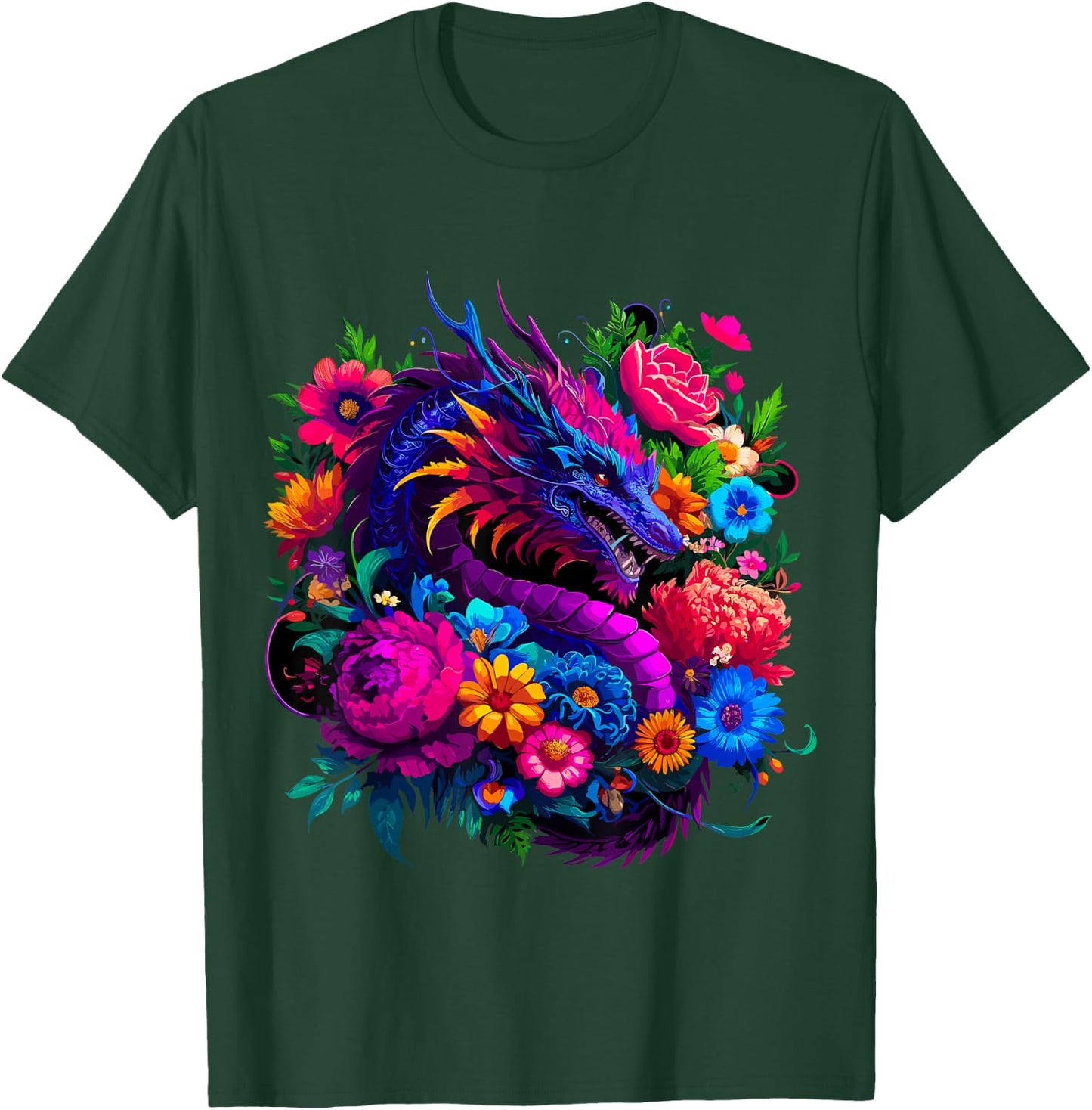 Floral Dragon , Small, Black T-Shirt - T-Shirt | Forest