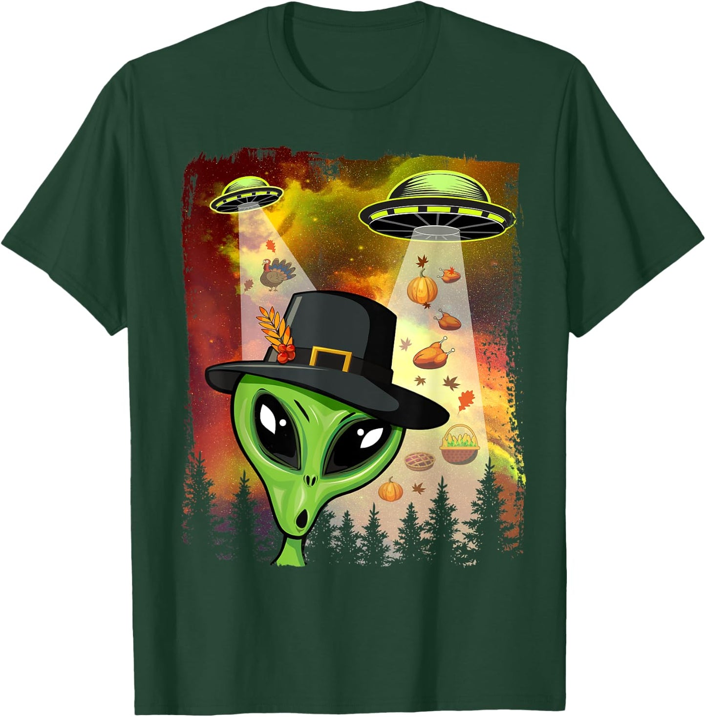 Alien Thanksgiving Invasion Funny UFO Holiday Graphic T-Shirt - T-Shirt | Forest
