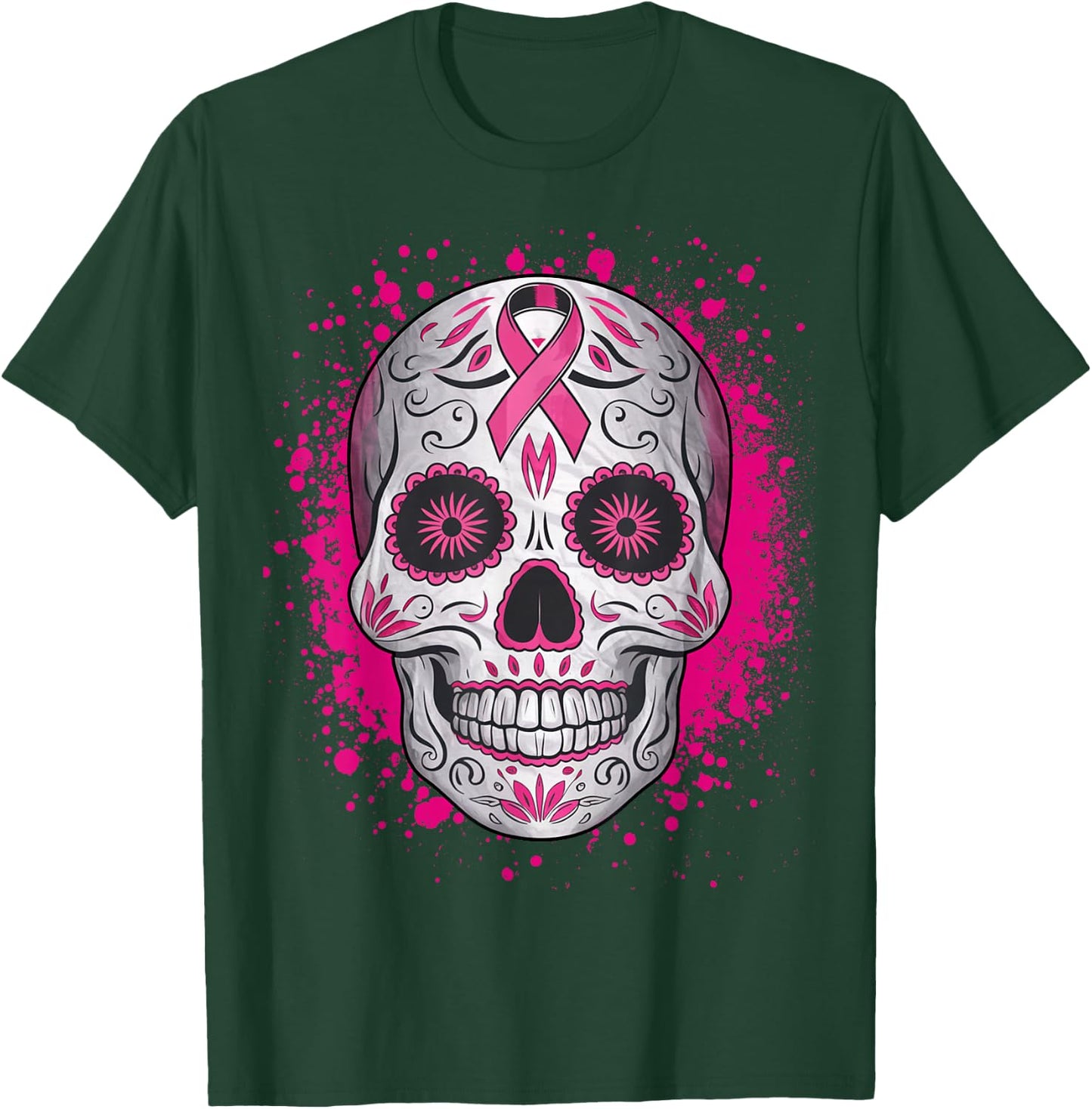 Sugar Skull Breast Cancer Shirts Awareness 2025 Pink Ribbon T-Shirt - T-Shirt | Forest
