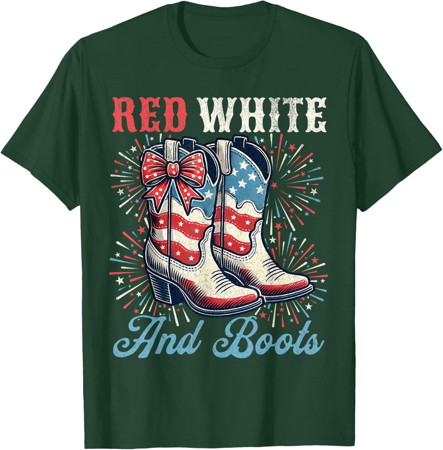 Red White And Boots Cute Coquette Cowgirl Independence Day T-Shirt - T-Shirt | Forest