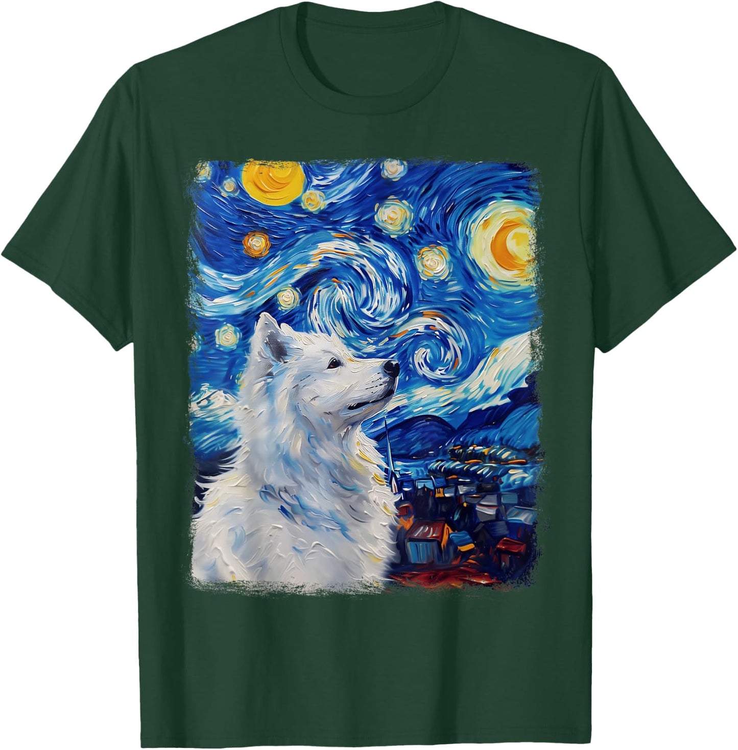 Samoyed Dog Starry Night Painting T-Shirt - T-Shirt | Forest