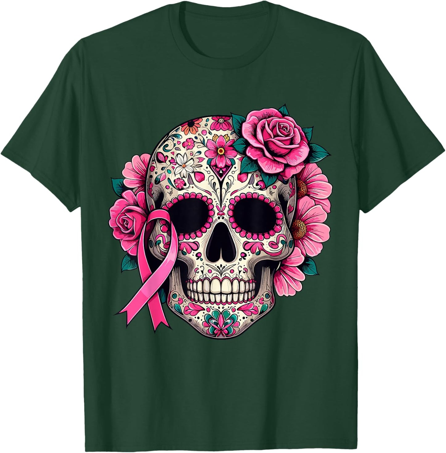 Sugar Skull Pink Ribbon Calavera Breast Cancer Awareness T-Shirt - T-Shirt | Forest