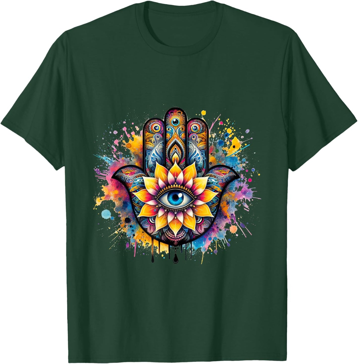 Beautiful Hamsa Hand Colorful with Fatima Eye and Lotus T-Shirt - T-Shirt | Forest