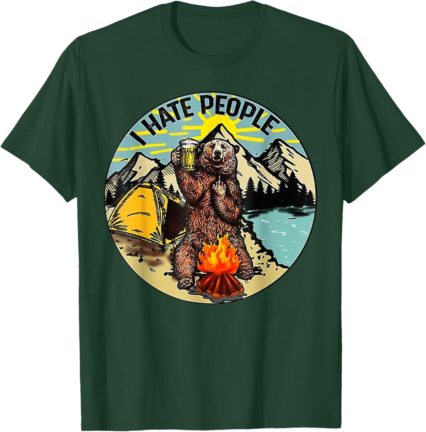 I Hate People Camping Bear Drinking Beer Vintage Funny T-Shirt - T-Shirt | Forest