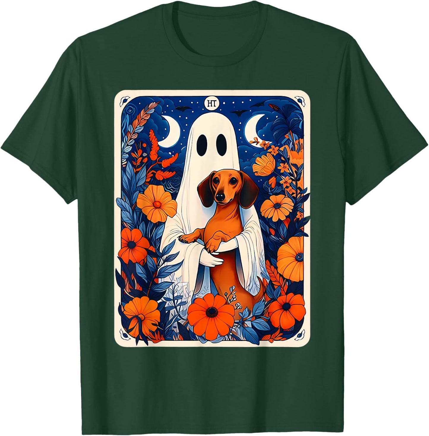 Ghost Holding Dachshund Spooky Tarot Card Fall Halloween T-Shirt - T-Shirt | Forest