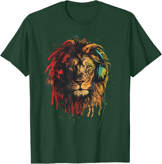 Rasta & Reggae Music, Lion With Headphones, Jamaican Pride T-Shirt - T-Shirt | Forest