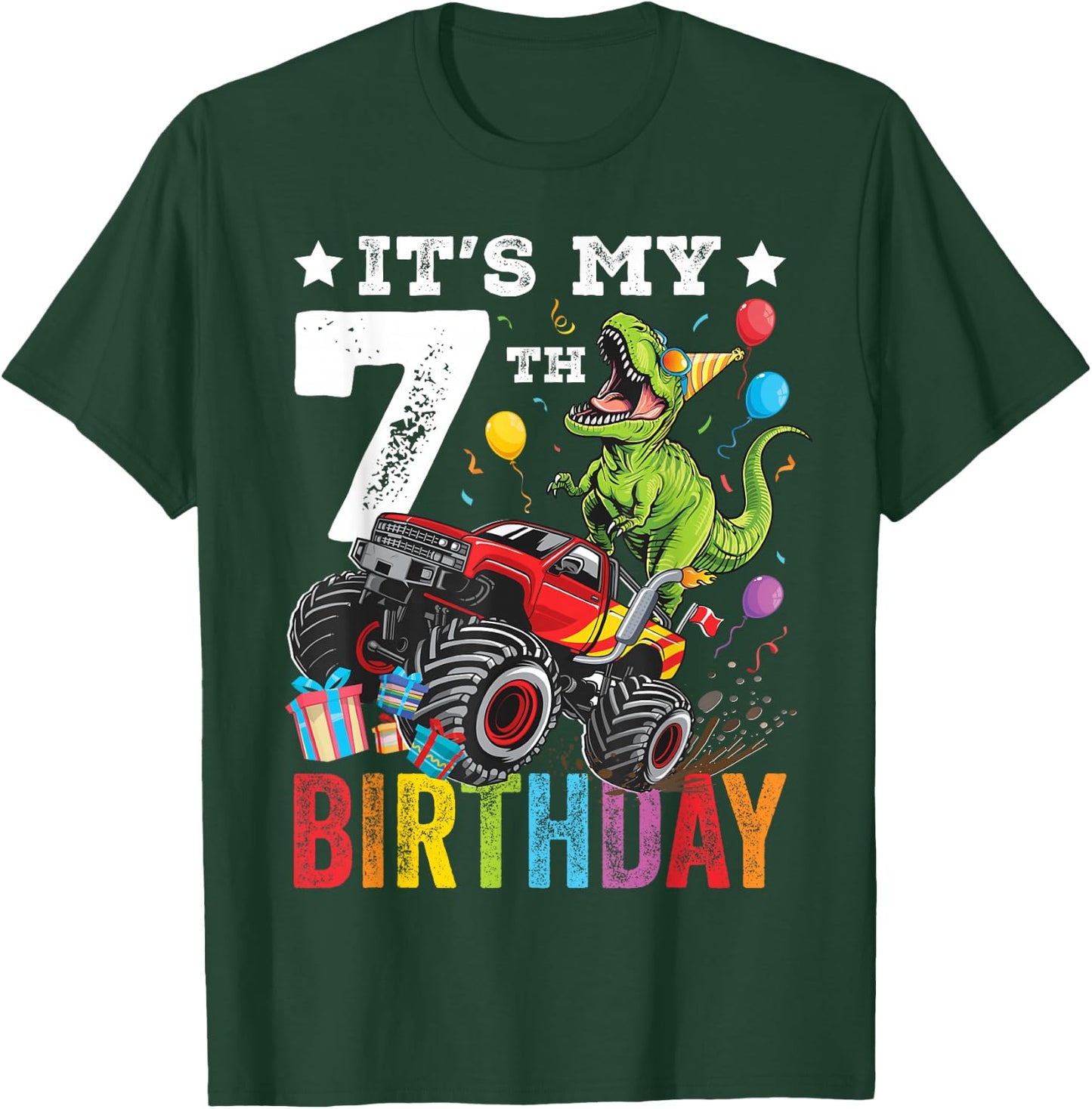 Seven 7th Birthday Dinosaur Monster Truck T-Shirt - T-Shirt | Forest