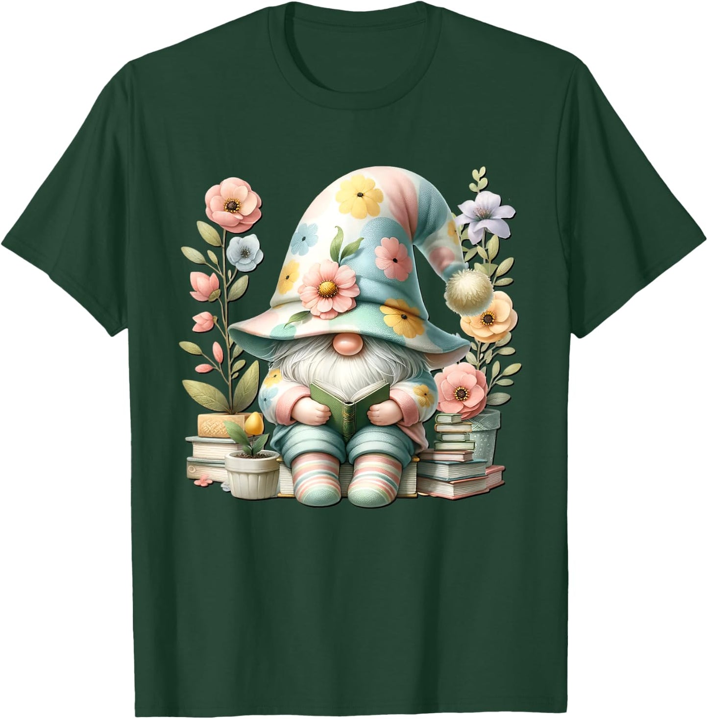 Book Reading Themed Retired Gnome Cute Wildflower T-Shirt - T-Shirt | Forest