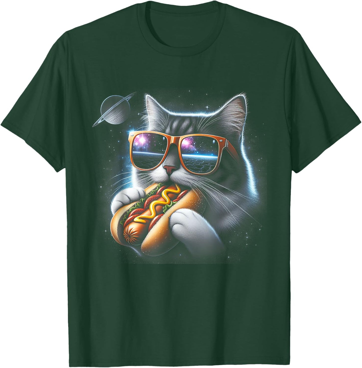 Cat Eating Funny Hot-Dog in Space Kit-Ty Gal-Axy T-Shirt - T-Shirt | Forest