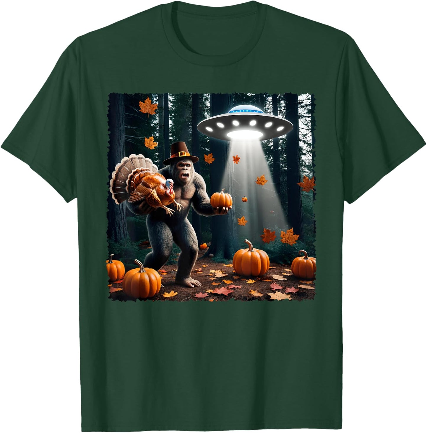 Bigfoot Sasquatch Turkey UFOs Funny Thanksgiving Day Pumpkin T-Shirt - T-Shirt | Forest