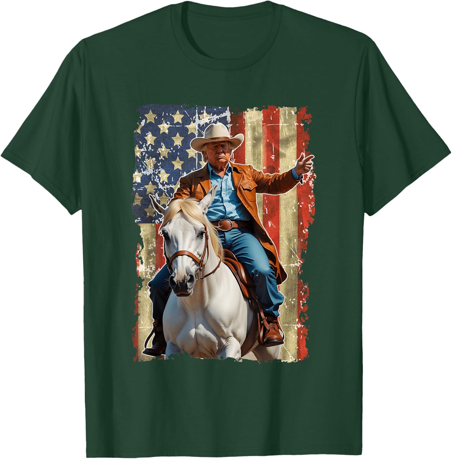 Trump Riding Horse American Flag Cowboy T-Shirt - T-Shirt | Forest