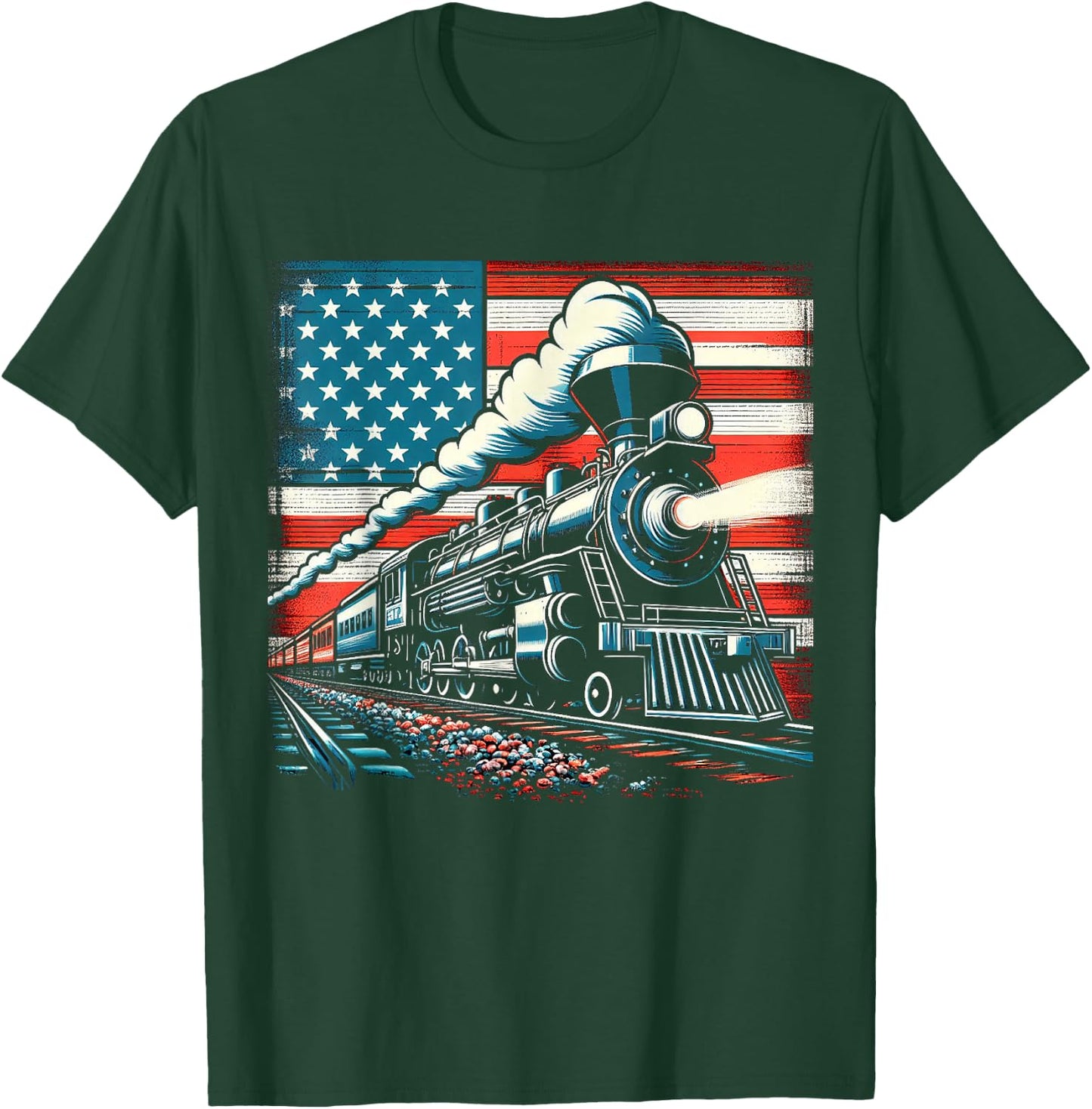 Train With The American Flag 4th of July Women Kids Men T-Shirt - T-Shirt | Forest