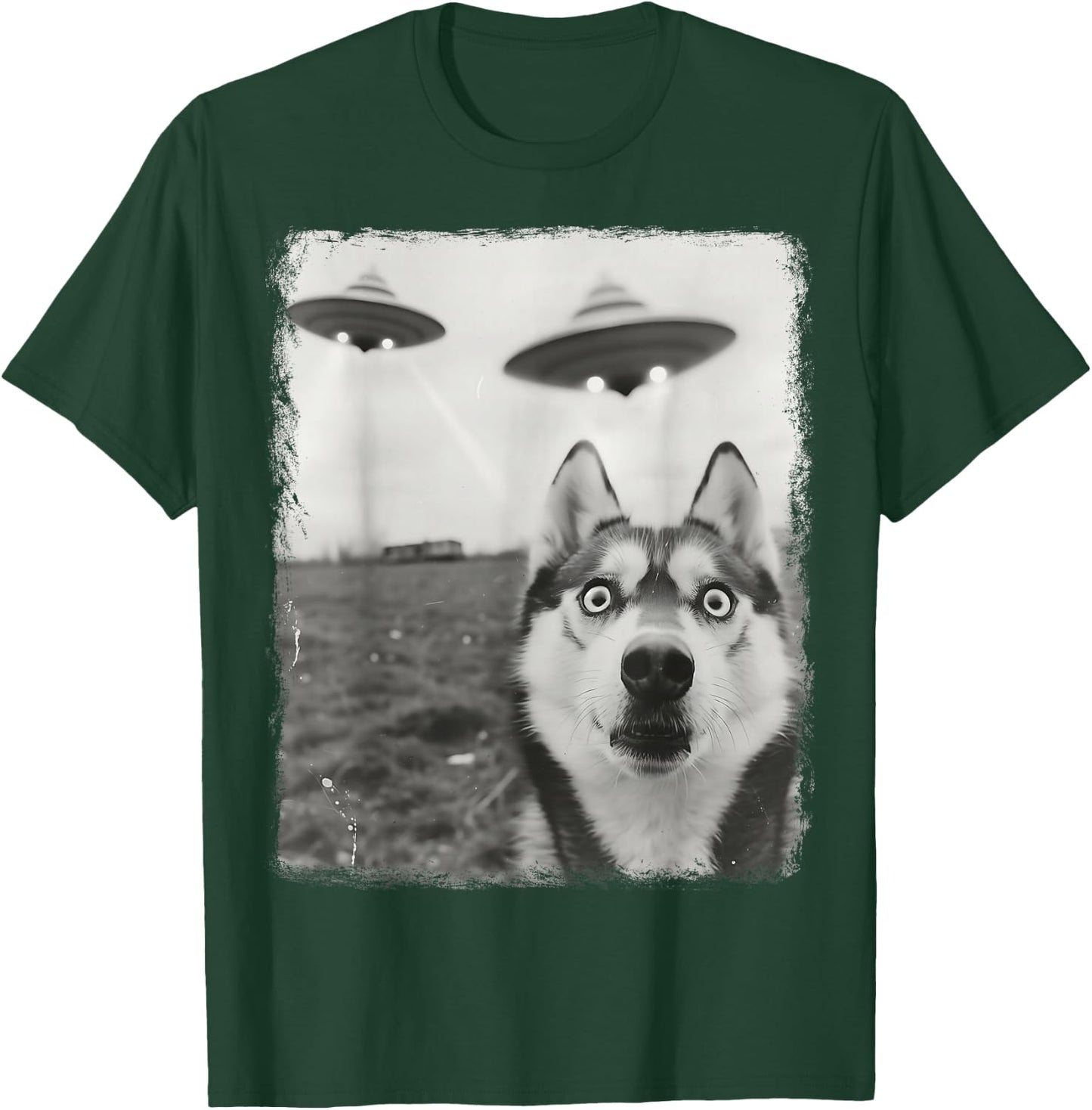 Siberian Husky Dog UFO Alien Extraterrestrial Selfie T-Shirt - T-Shirt | Forest