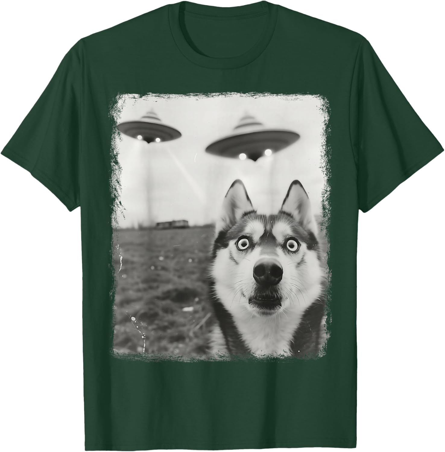 Siberian Husky Dog UFO Alien Extraterrestrial Selfie T-Shirt - T-Shirt | Forest