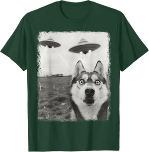 Siberian Husky Dog UFO Alien Extraterrestrial Selfie T-Shirt - T-Shirt | Forest