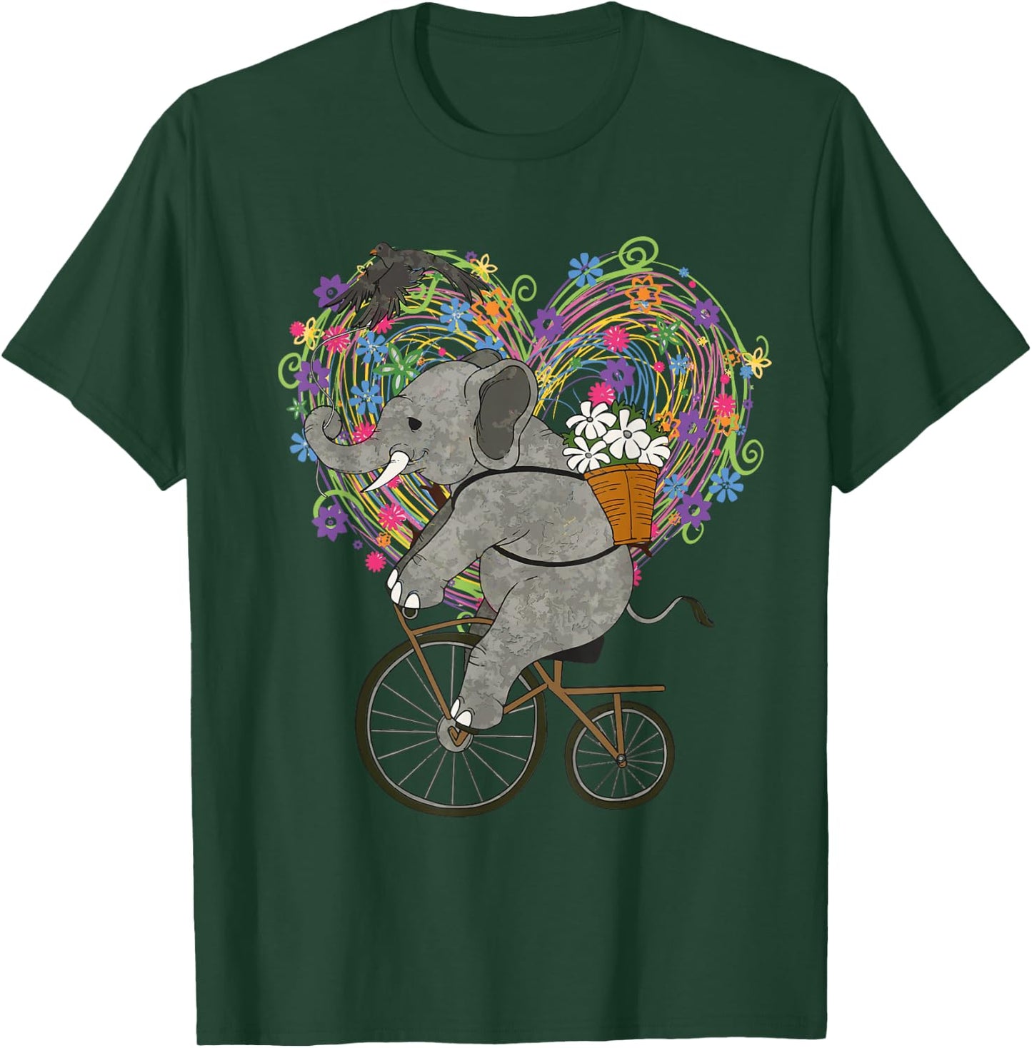 Cute Elephant Loves Cycling On Vintage Bike - Floral Heart T-Shirt - T-Shirt | Forest