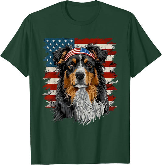 Australian Shepherd Patriotic 4th Of July USA American Flag T-Shirt - T-Shirt | Forest
