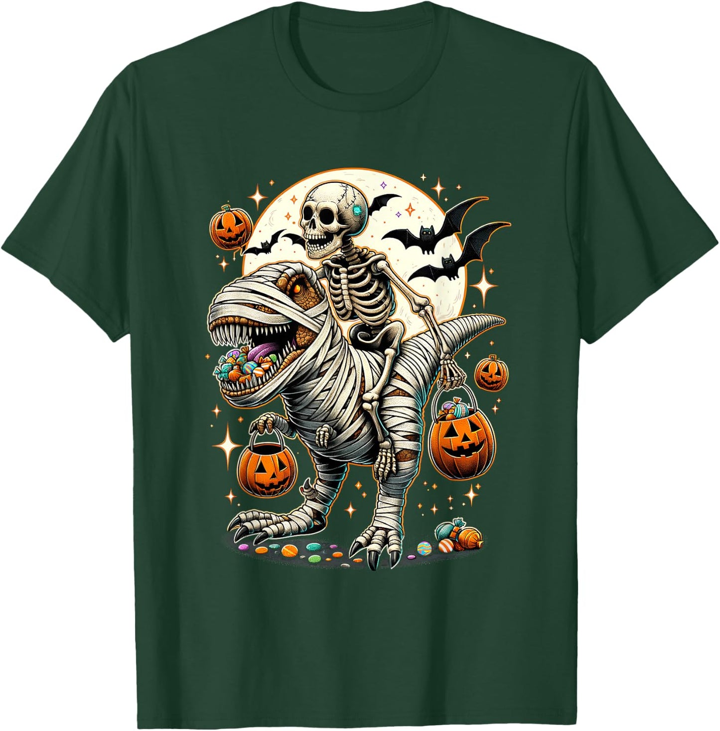 Skeleton Riding Mummy Dinosaur T Rex Kids Boys Men Halloween T-Shirt - T-Shirt | Forest