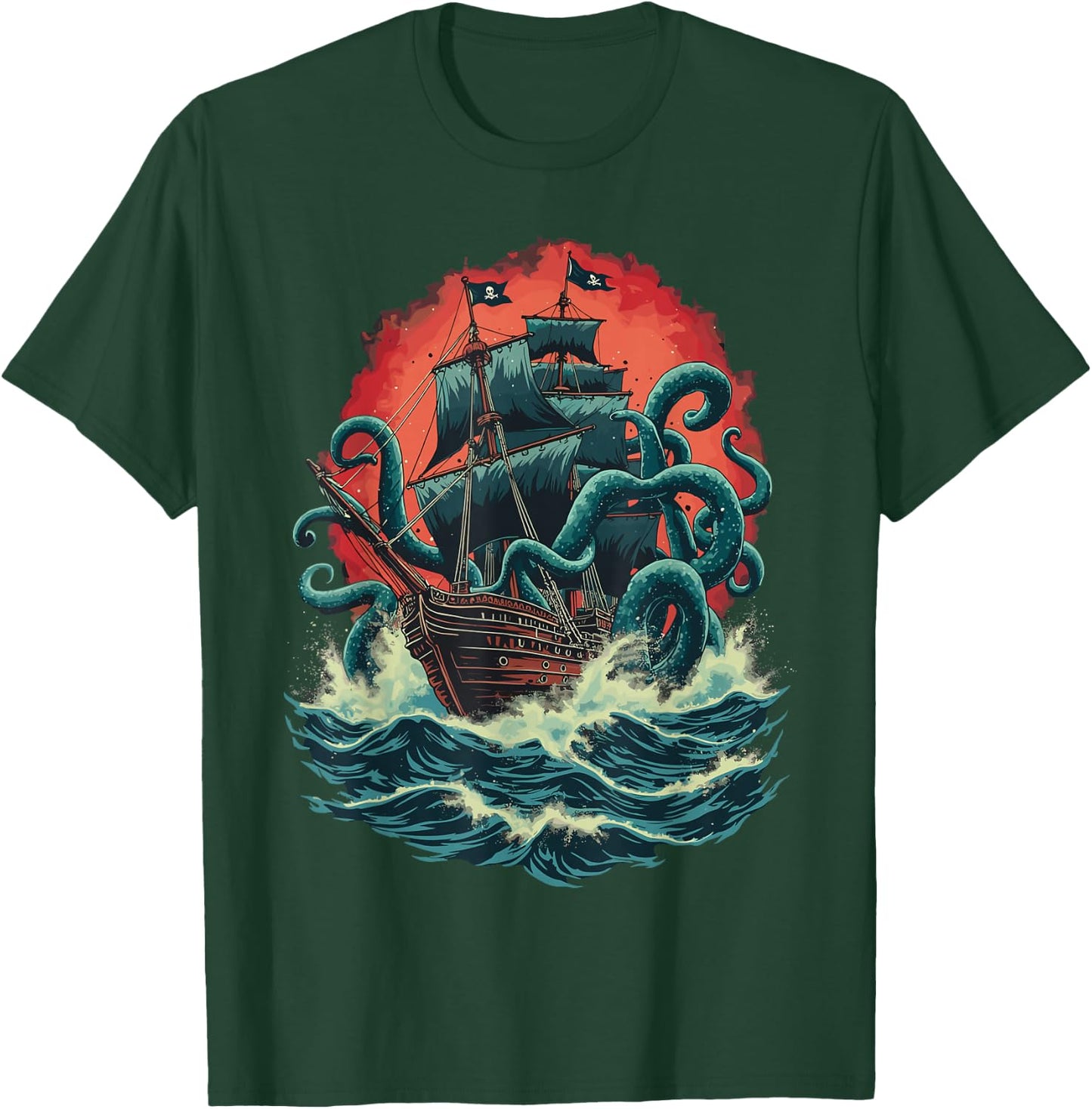 Pirate Ship Kraken Ocean Battle Giant Octopus Sea Monster T-Shirt - T-Shirt | Forest