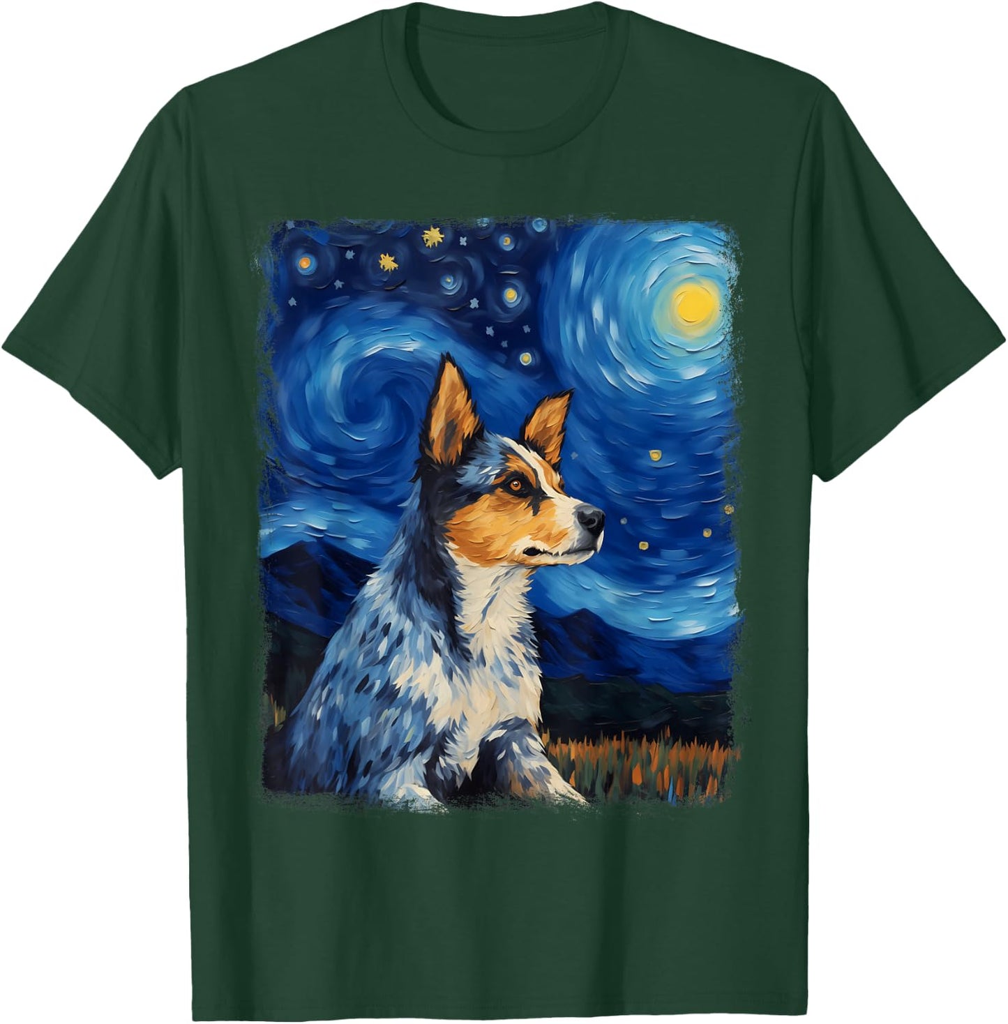 Australian Cattle Dog Dog Starry Night Painting T-Shirt - T-Shirt | Forest