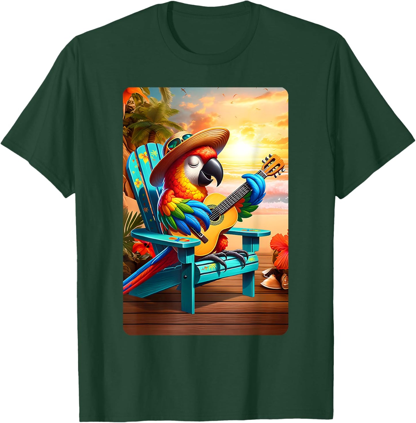 Cool Parrot Playing Guitar On Beach Guitar Parrot Sunset Women Kids T-Shirt - T-Shirt | Forest