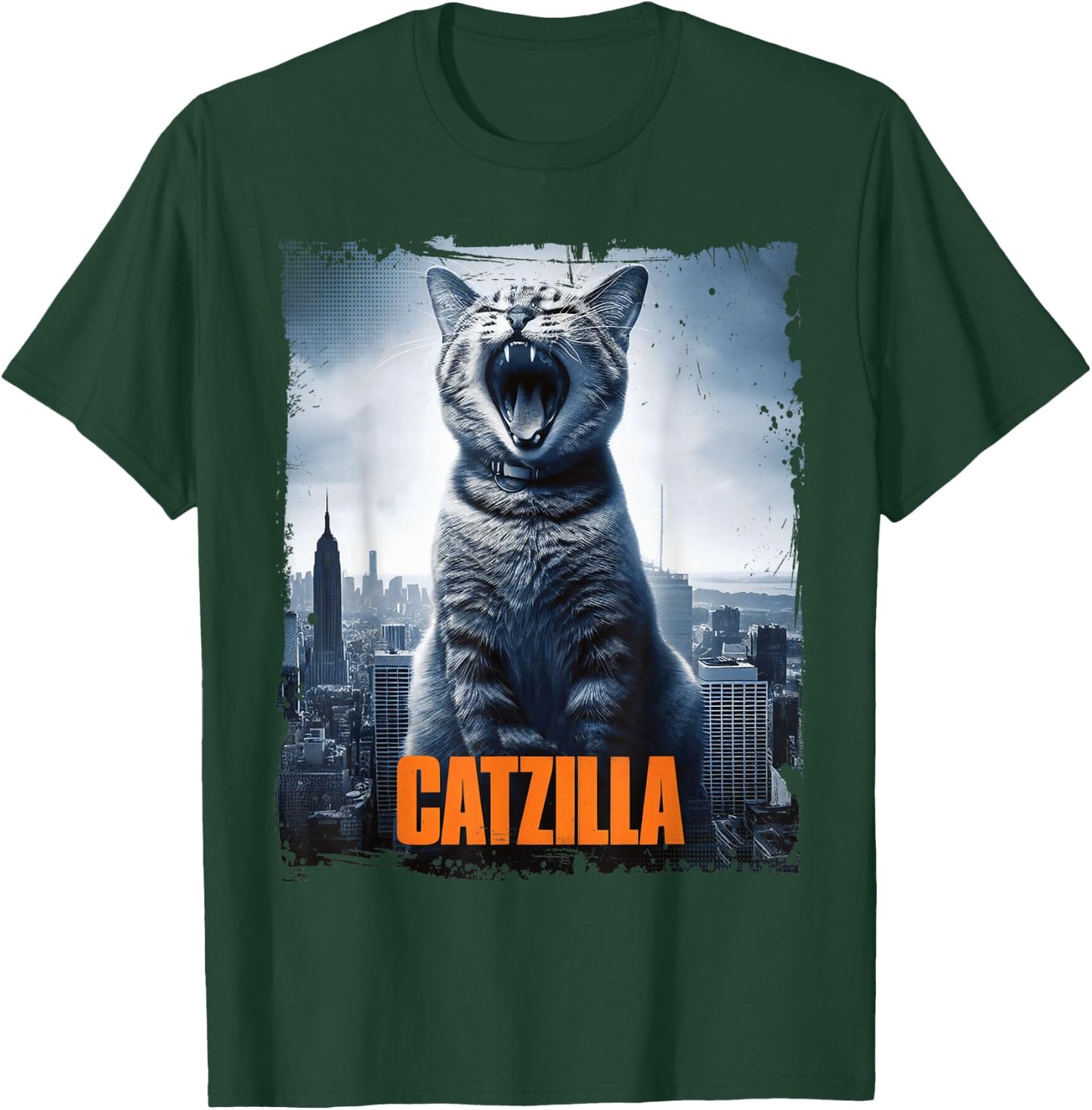 Catzilla Roaring Over City Skyline Cat Monster Kitten Kitty , Small, Black T-Shirt - T-Shirt | Forest