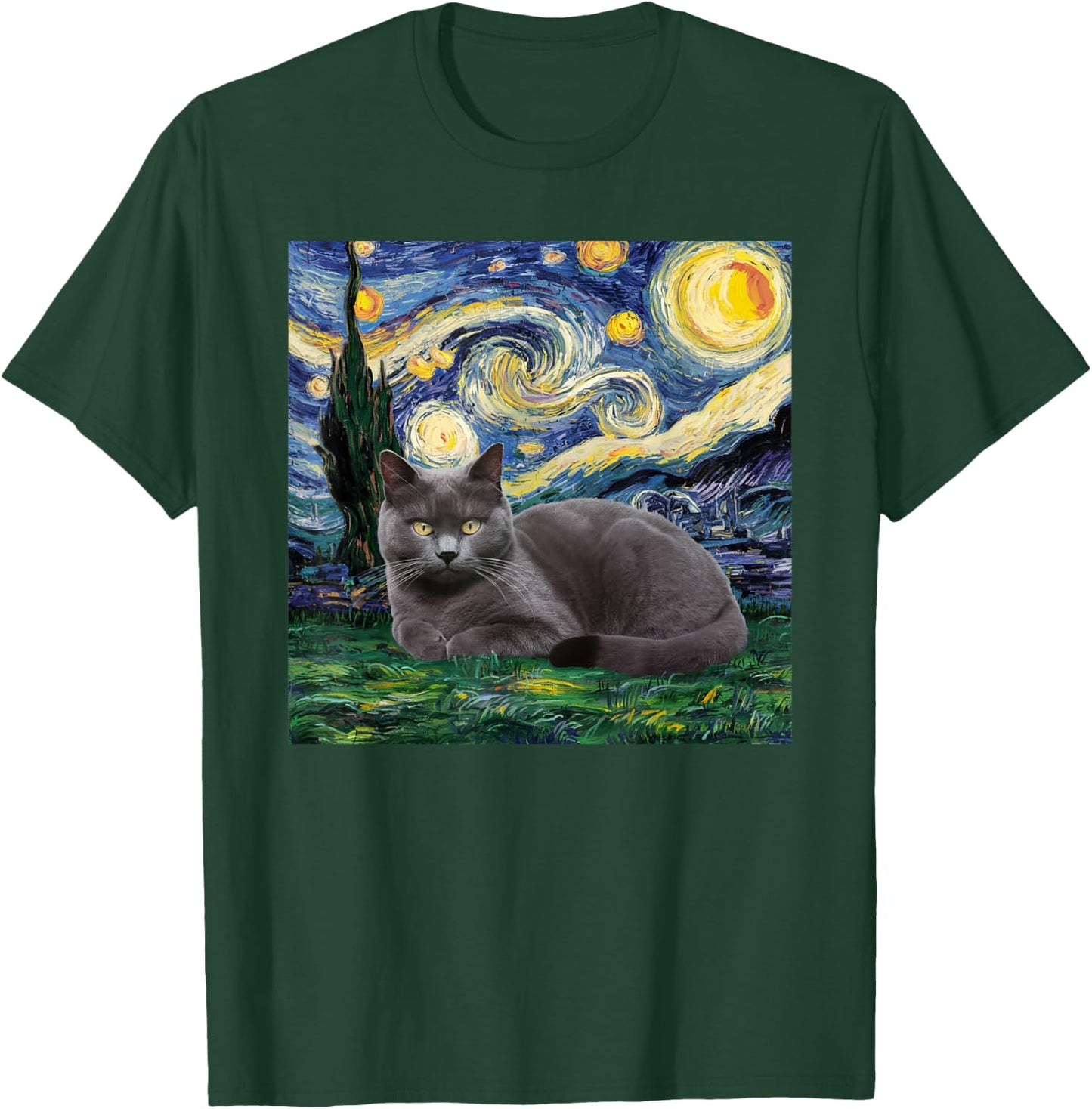 Gray Cat Van Gogh Starry Night Women Kids T-Shirt - T-Shirt | Forest