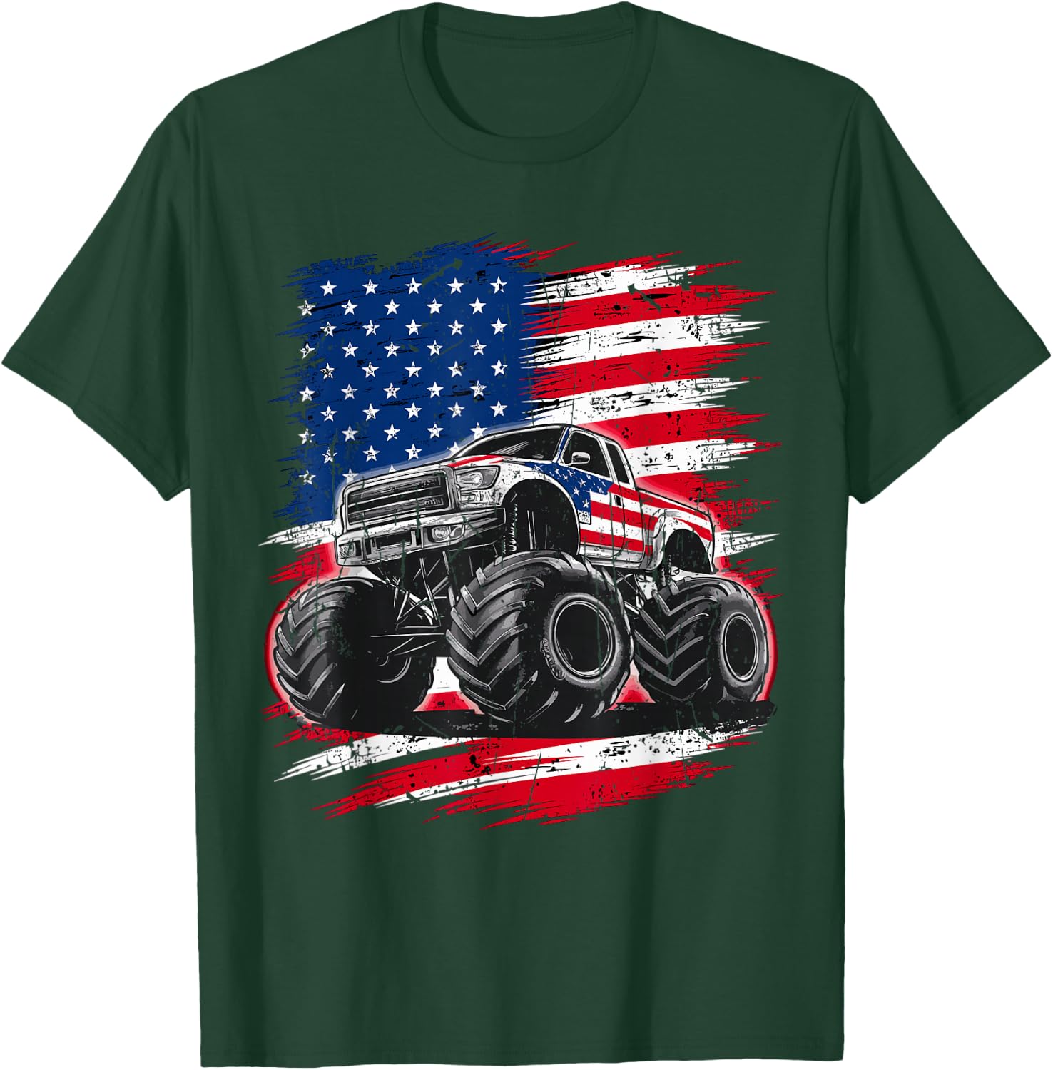 Monster Truck USA Flag American T-Shirt - T-Shirt | Forest