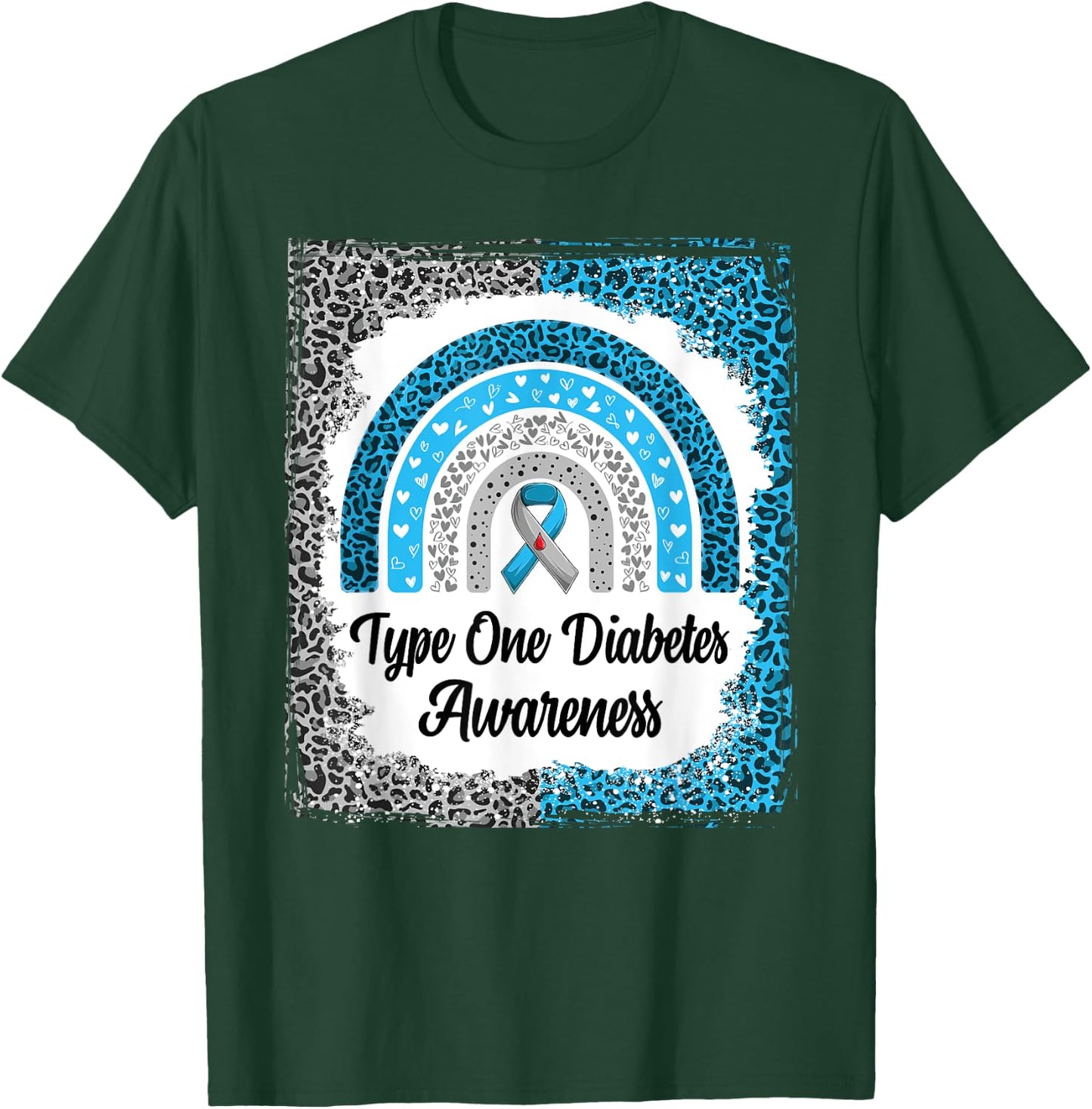 Type 1 Diabetes Awareness Bleached Rainbow leopard Ribbon T-Shirt - T-Shirt | Forest