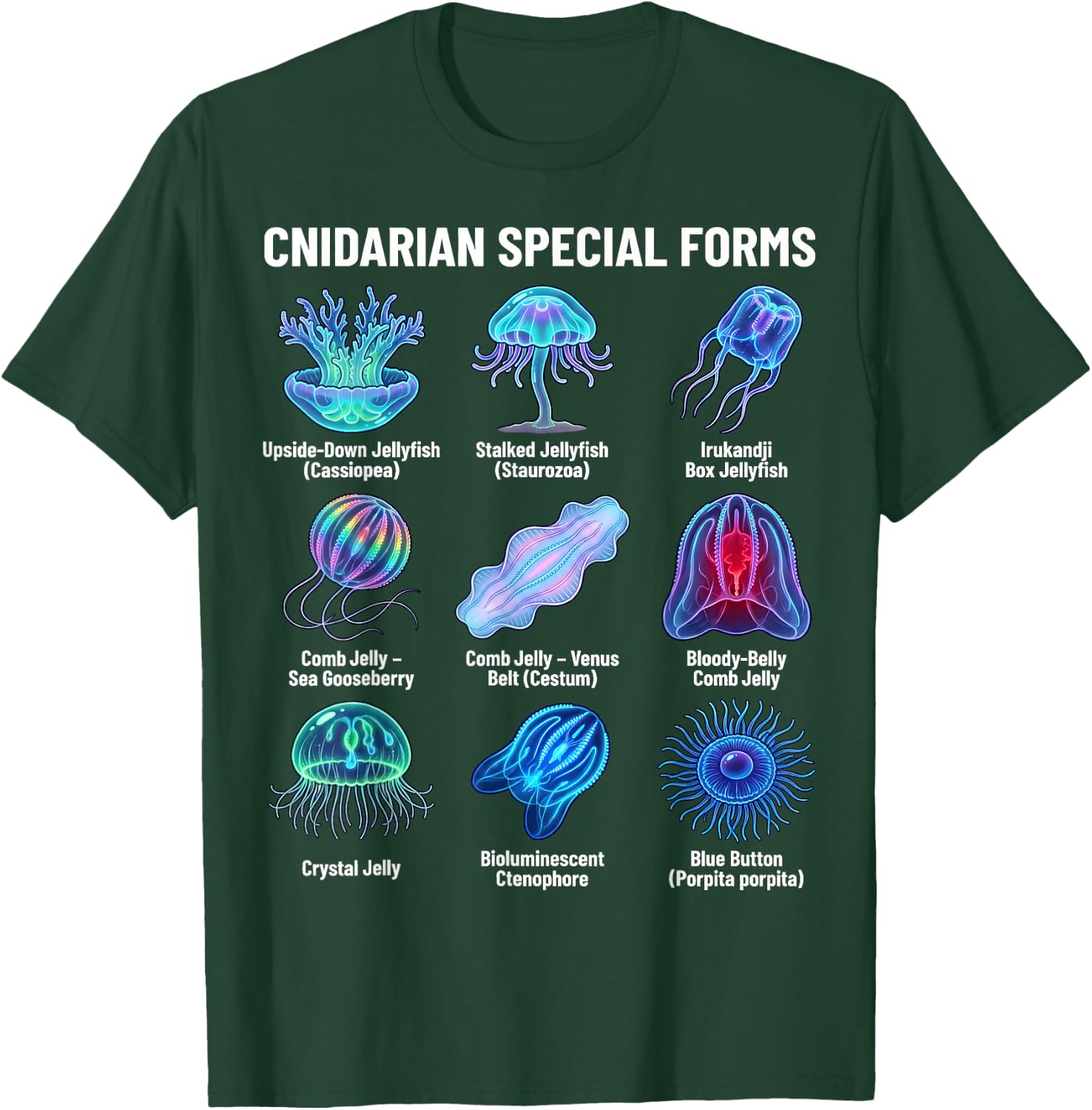 Cnidarian Special Forms Jellyfish & Comb Jelly Species Chart T-Shirt - T-Shirt | Forest