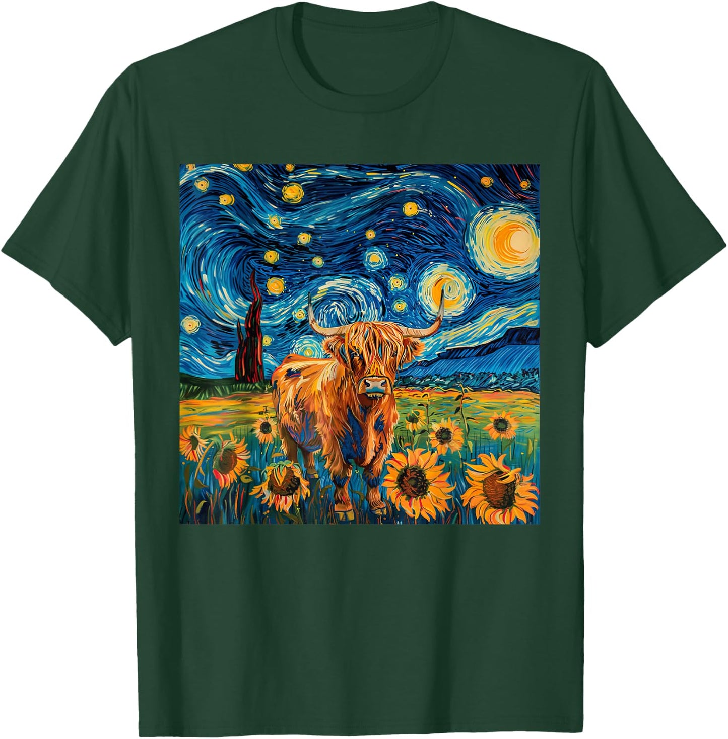 Aesthetic Scottish Highland Cow With Sunflowers Starry Night T-Shirt - T-Shirt | Forest