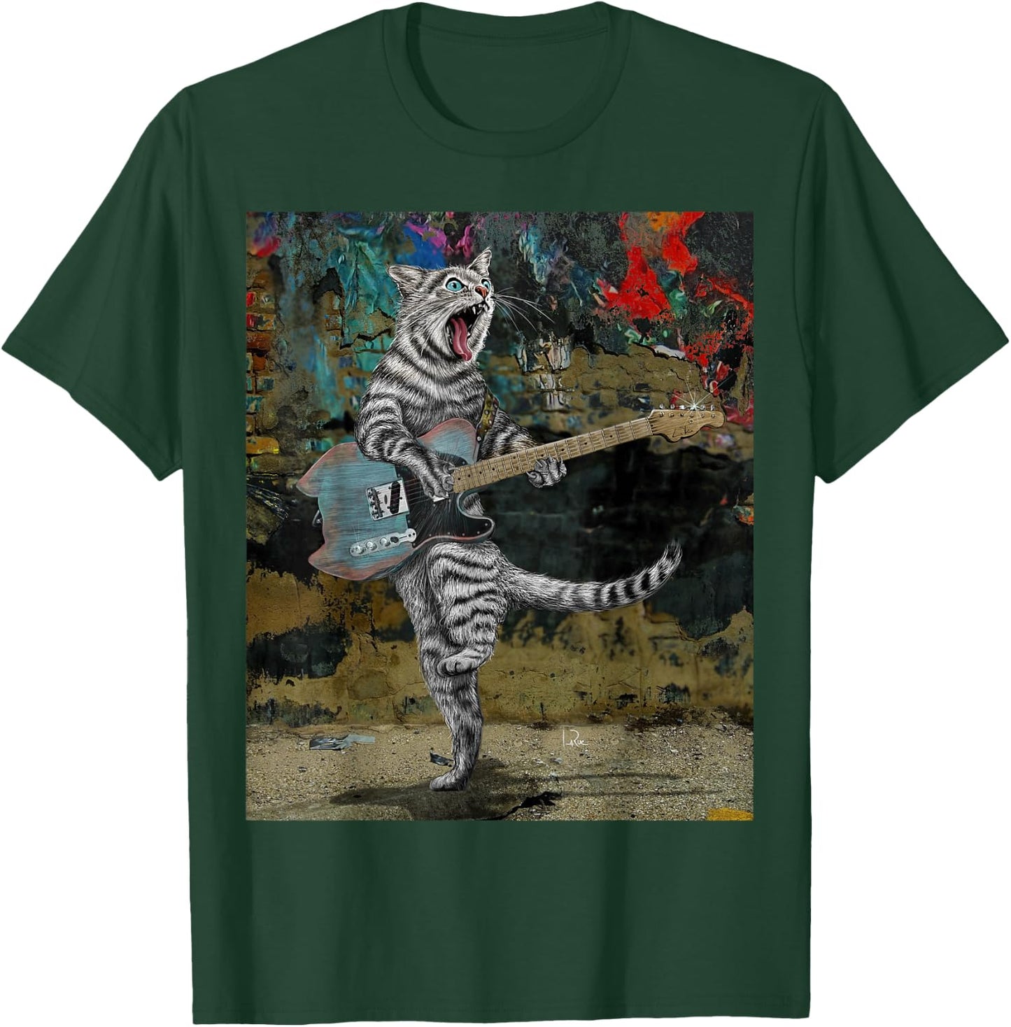 Cat Guitar Buskers Electric Guitar Player Funny Cute Kitty T-Shirt - T-Shirt | Forest
