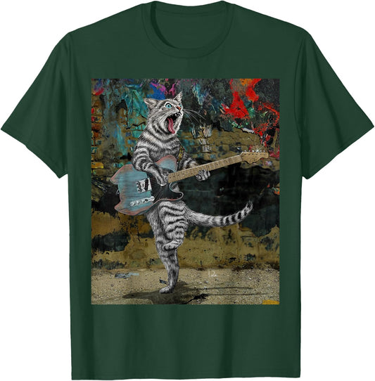Cat Guitar Buskers Electric Guitar Player Funny Cute Kitty T-Shirt - T-Shirt | Forest