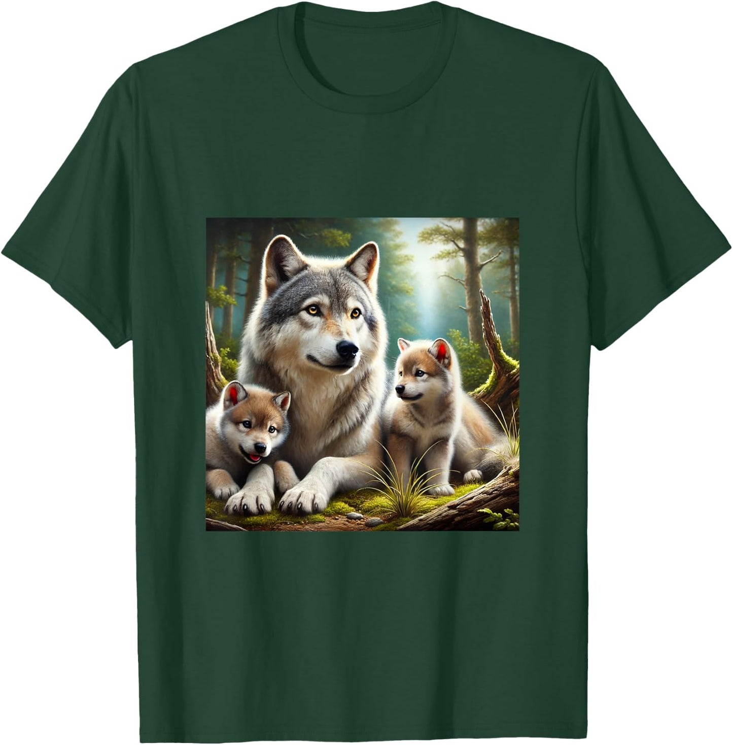 Wolf mother with two cubs realistic cute youthful T-Shirt - T-Shirt | Forest