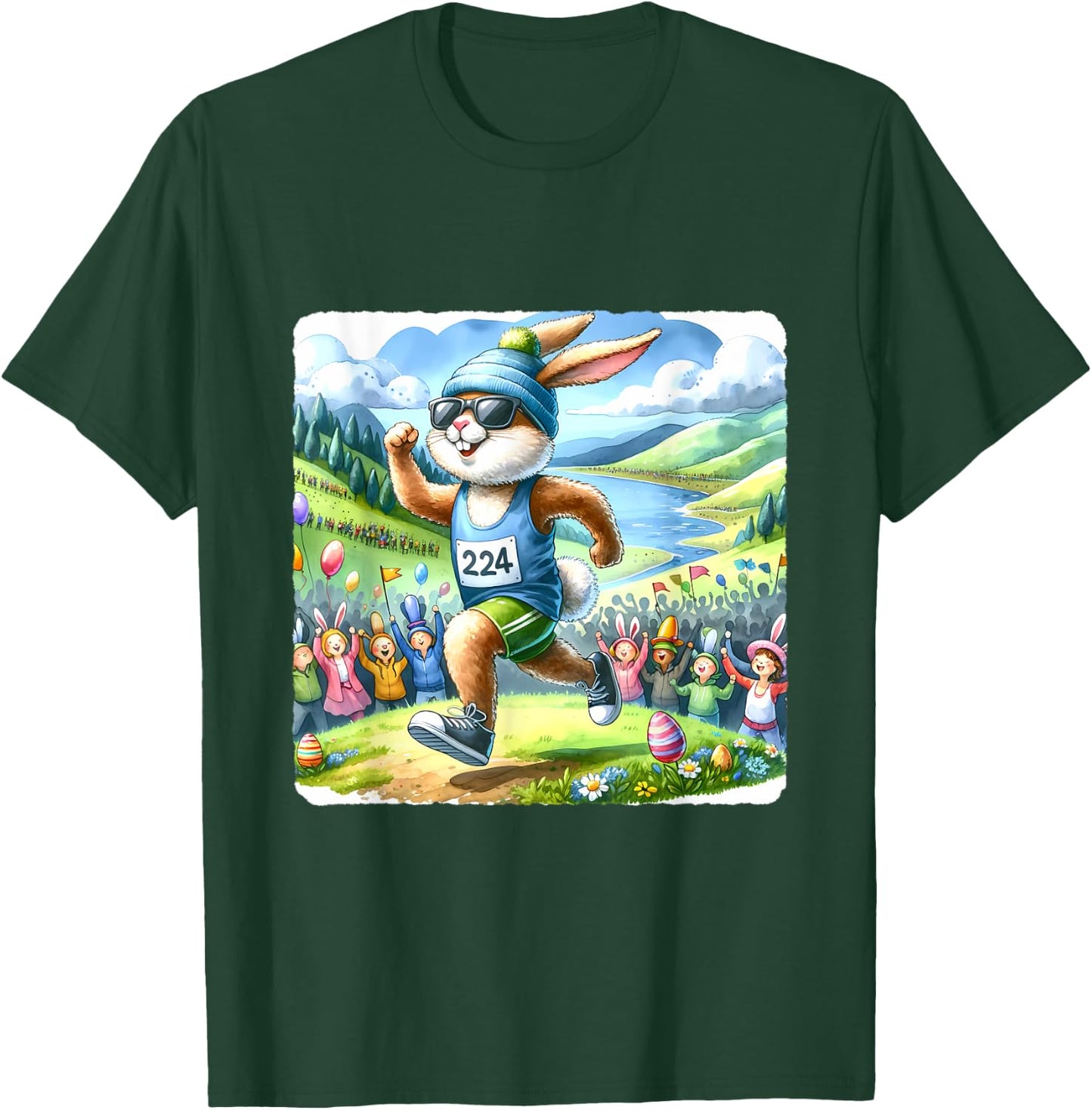 Rabbit Running Marathon With Scenic Landscape. Easter Racing T-Shirt - T-Shirt | Forest