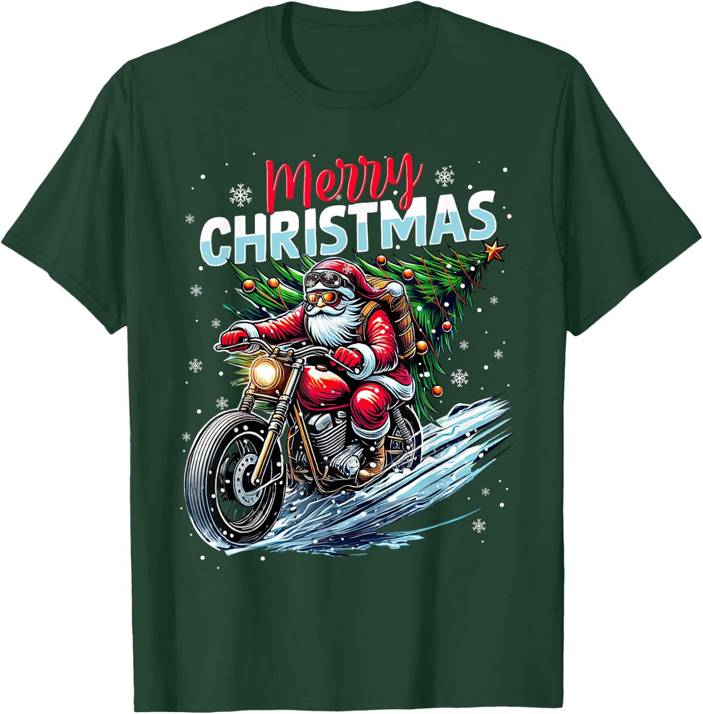 Merry Christmas Santa Riding Motorcycle Bike Biker Xmas 2025 T-Shirt - T-Shirt | Forest