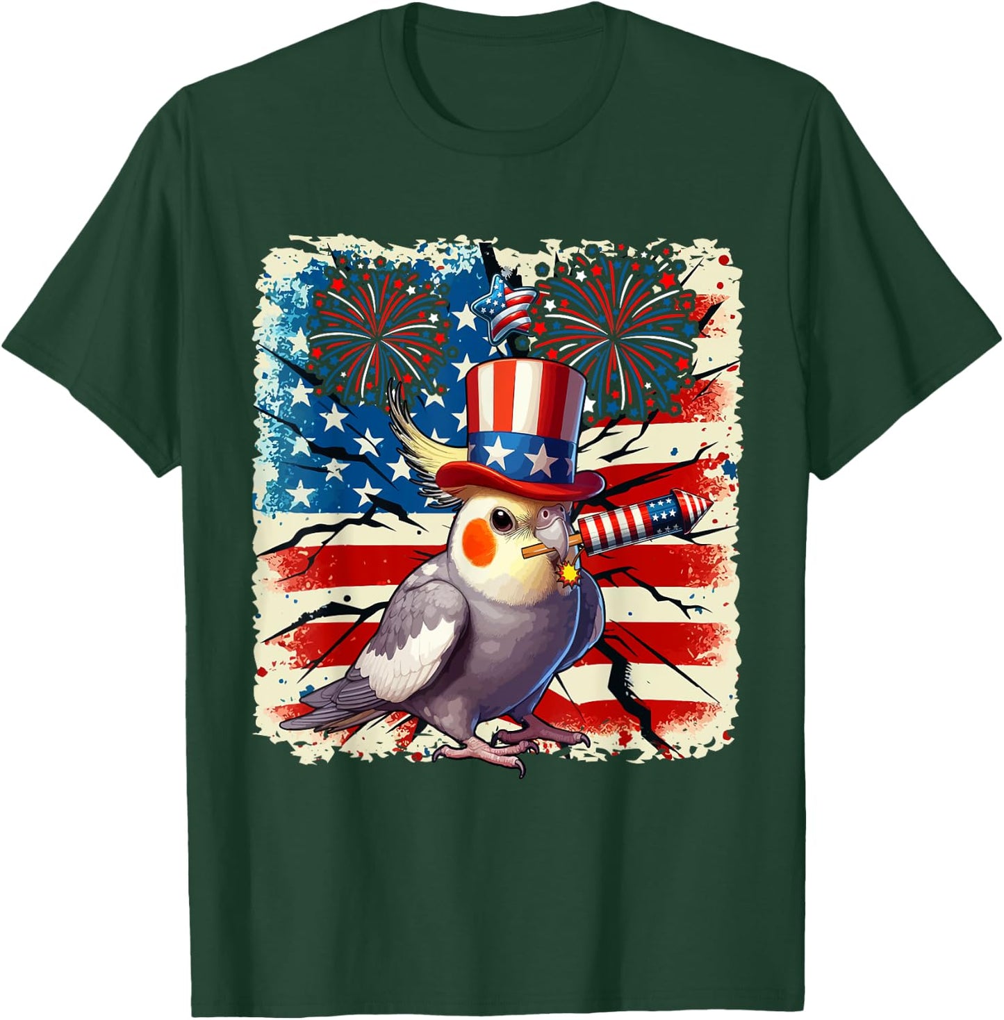 4th Of July US Flag Fireworks Cockatiel Costume Bird Lover T-Shirt - T-Shirt | Forest