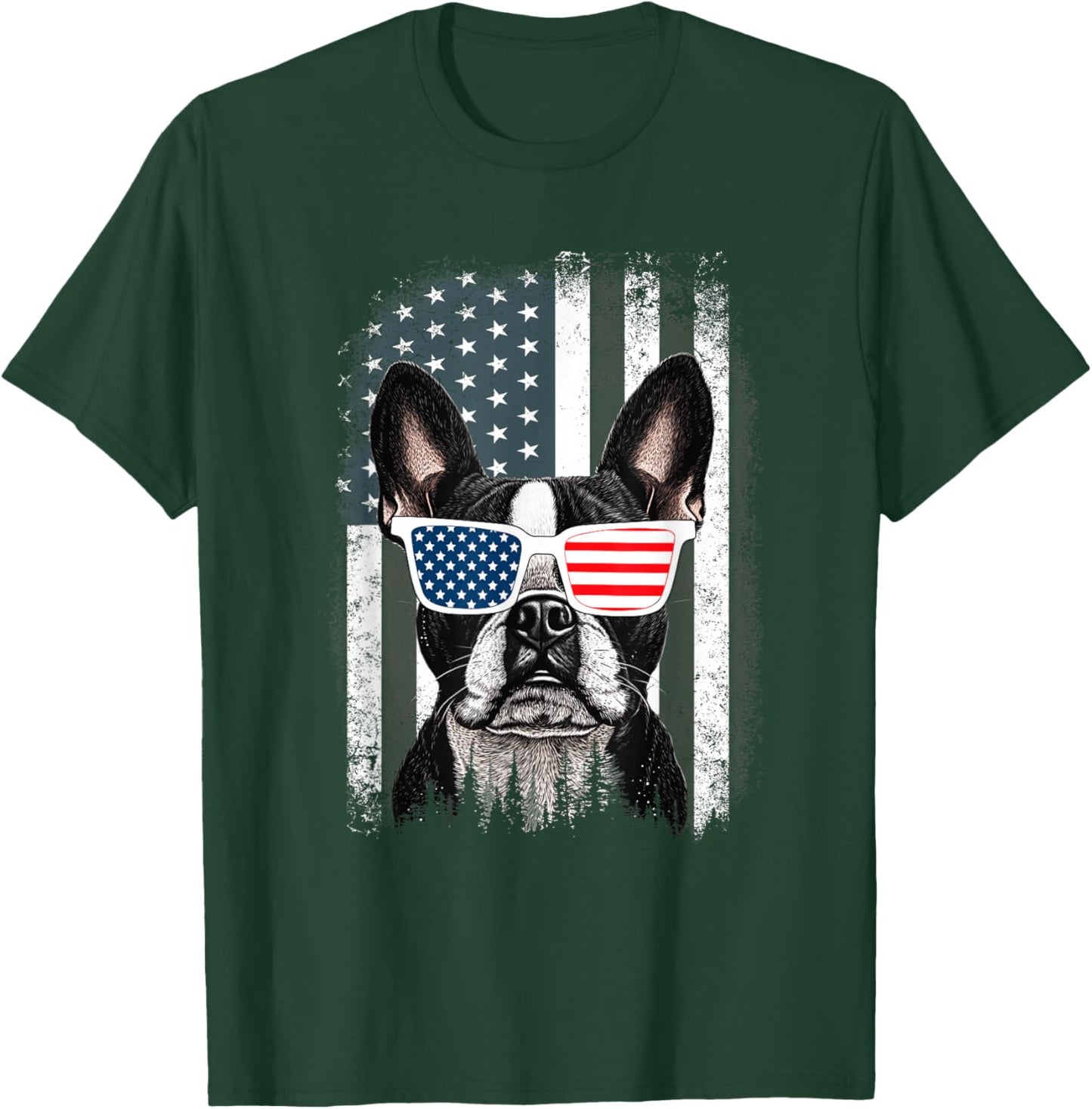 Boston Terrier Dog American Flag 4th of July Sunglasses T-Shirt - T-Shirt | Forest
