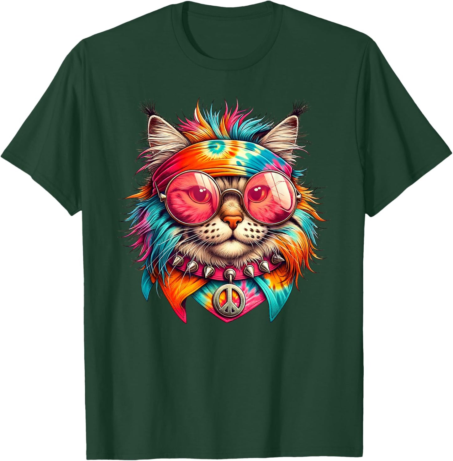 Psychedelic Peace Cat Colorful Hippie Retro Groovy Vibes T-Shirt - T-Shirt | Forest