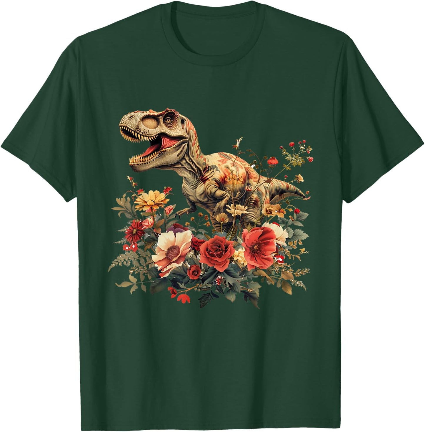 Trex Dinosaur Dino Floral Flower T-Shirt - T-Shirt | Forest