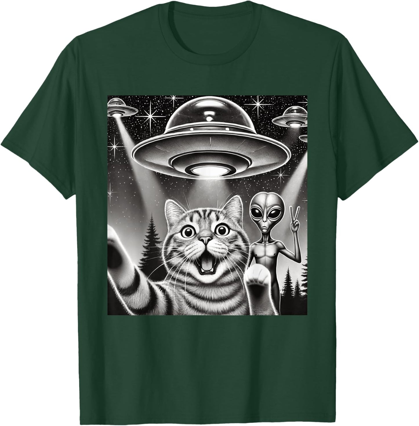 Funny Cat Selfie with UFO Alien Abduction Extraterrestrial T-Shirt - T-Shirt | Forest