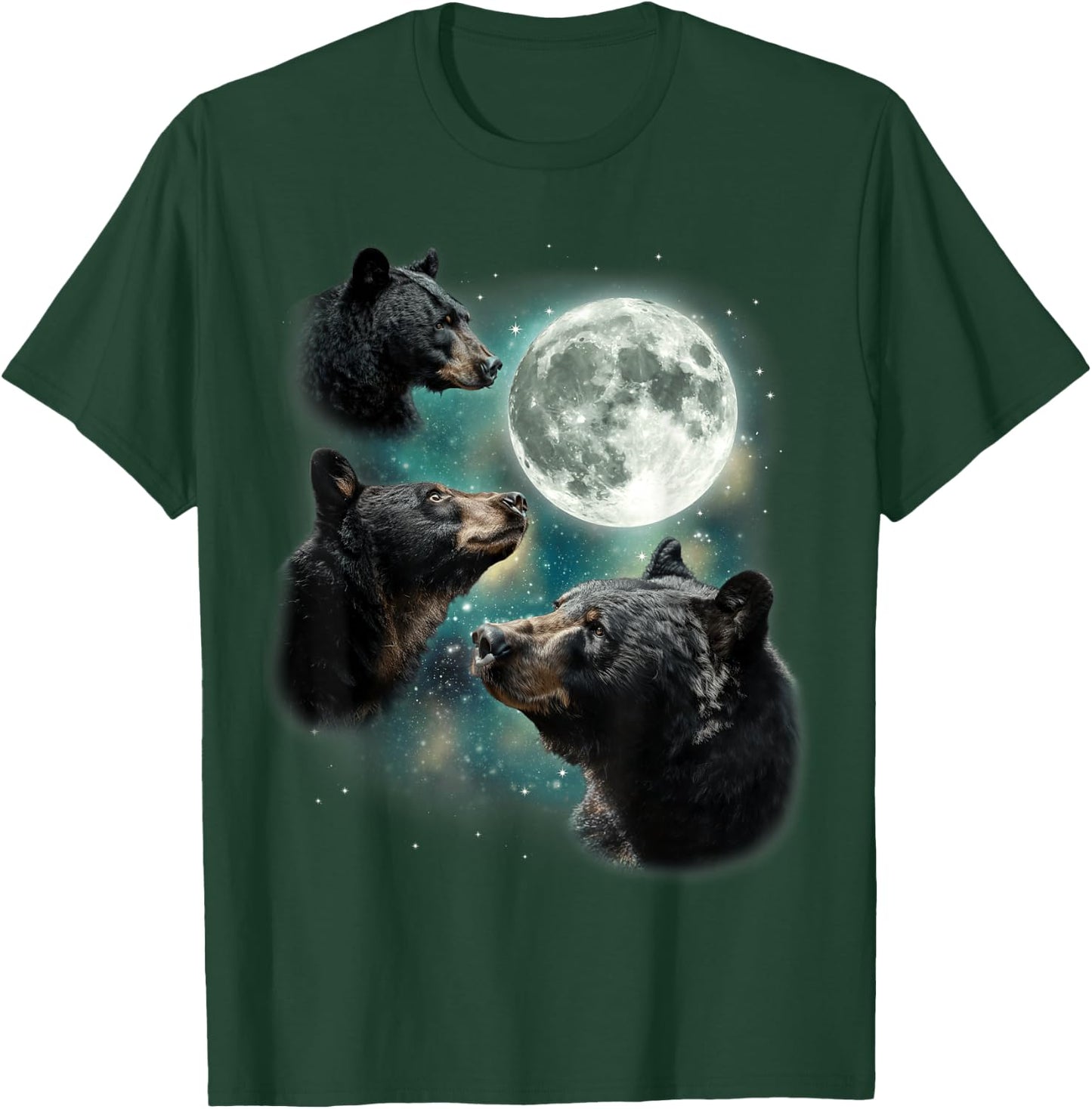 Three Black Bear Moon | 3 Wild Bears Gazing at The Moonlight T-Shirt - T-Shirt | Forest