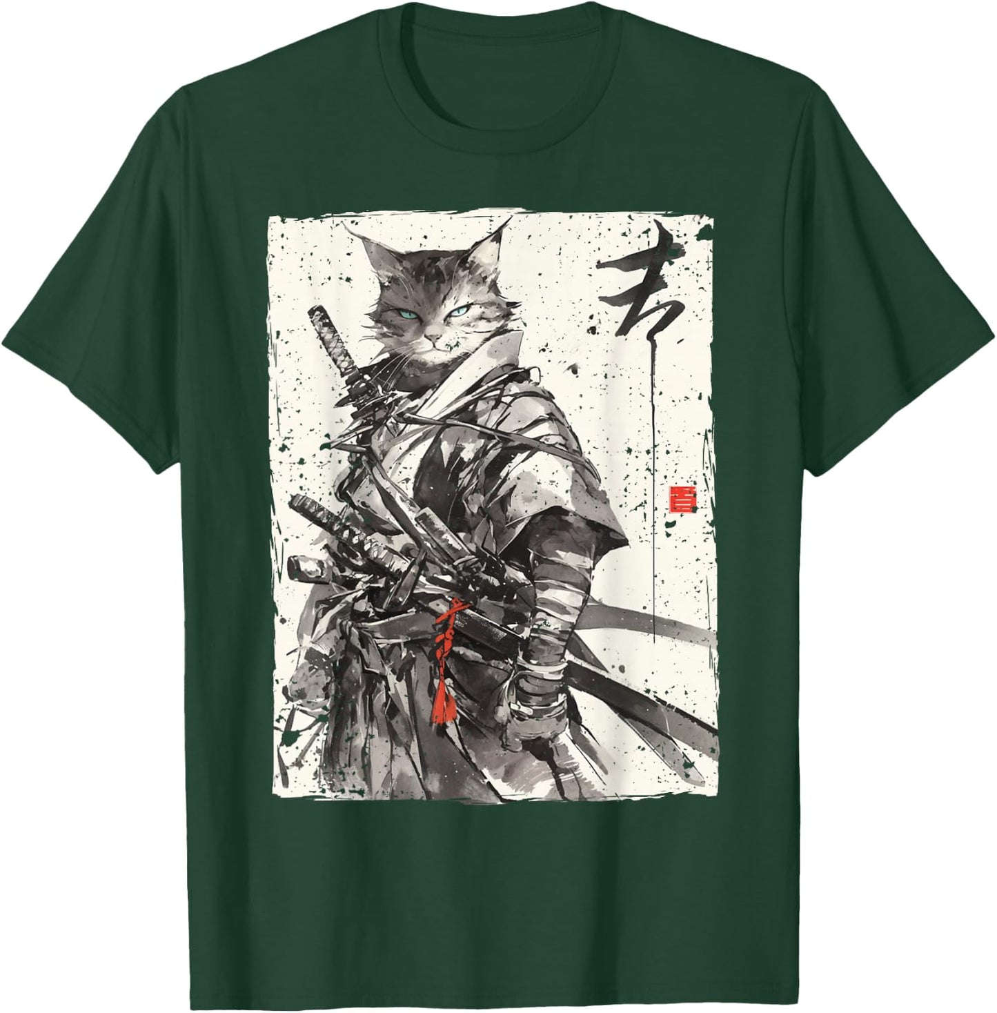 Samurai Cat Warrior Ukiyo Ink Artwork Cat Samurai T-Shirt - T-Shirt | Forest