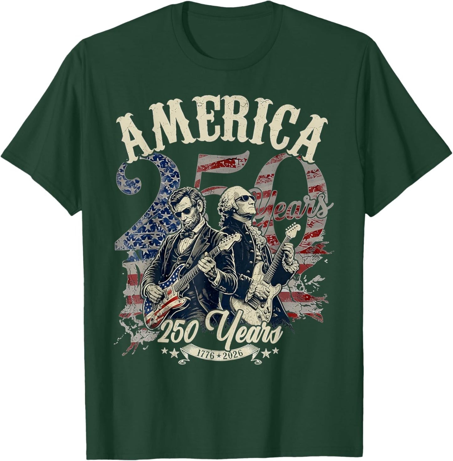 USA Patriotic Washington Lincoln Playing Guitar 250 Years T-Shirt - T-Shirt | Forest